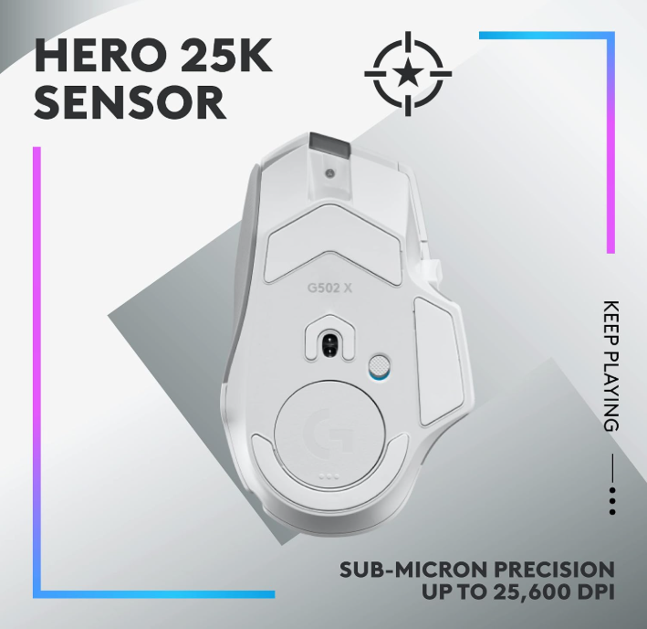 Underside of Logitech G502 X Plus showing HERO 25K sensor