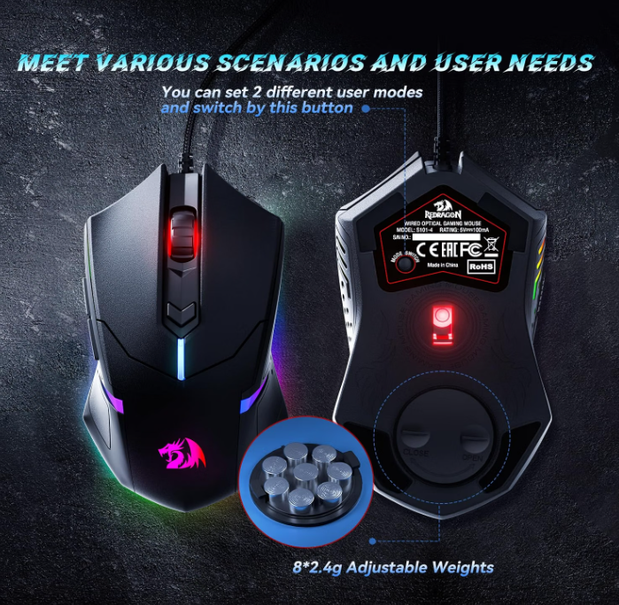 Retailer graphic showing adjustable weights on the bundled Redragon mouse