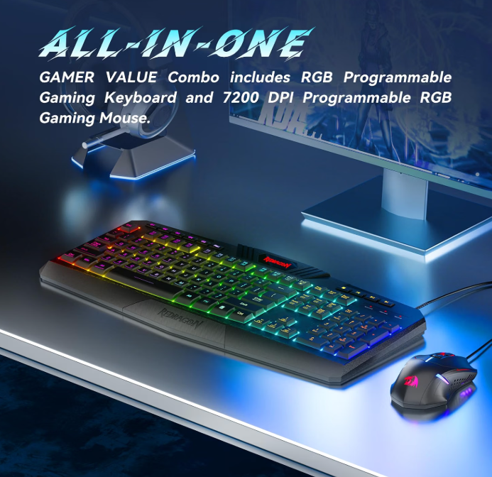 Retailer graphic showing the current Redragon RGB keyboard and programmable 7200 DPI mouse combo