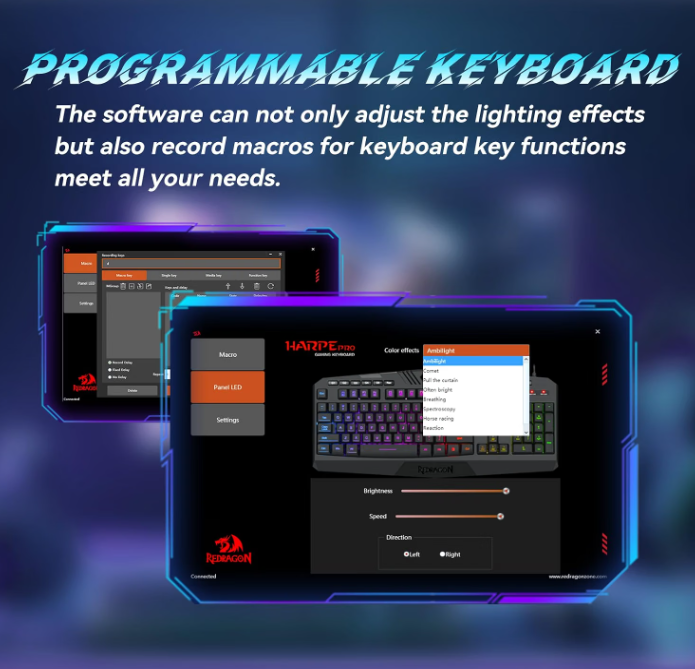 Retailer graphic showing Redragon keyboard software with lighting and macro controls