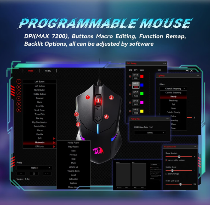 Retailer graphic showing programmable Redragon mouse software and DPI settings