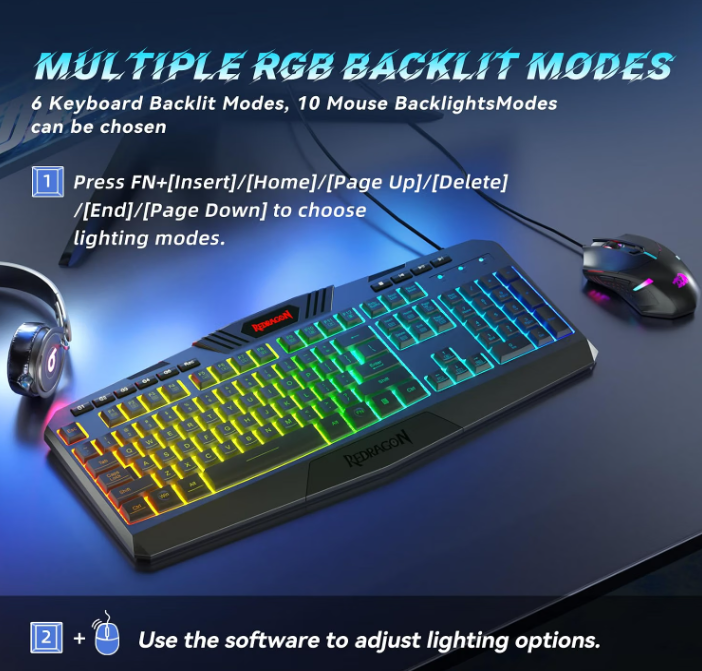 Retailer graphic showing six keyboard RGB modes and mouse lighting modes