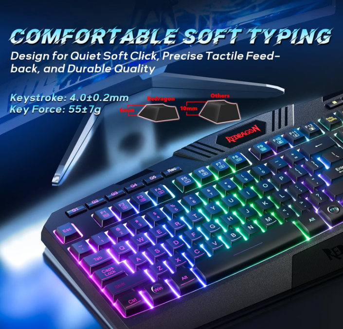 Retailer graphic describing soft membrane typing feel on the current Redragon keyboard