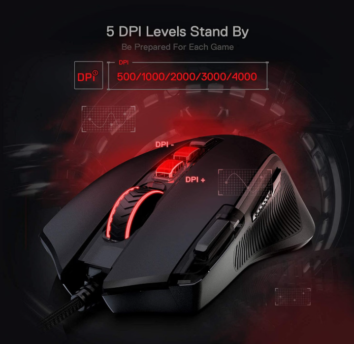 Redragon M612 five DPI level promotional graphic