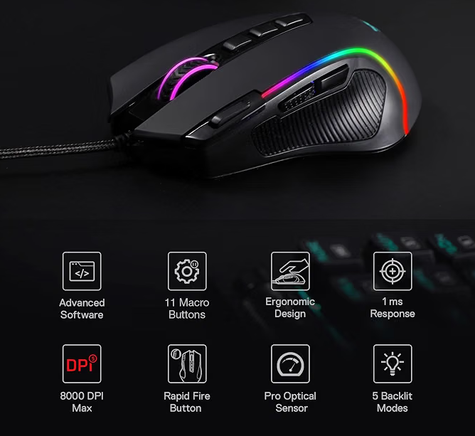 Redragon M612 features including programmable buttons, 8000 DPI and RGB modes