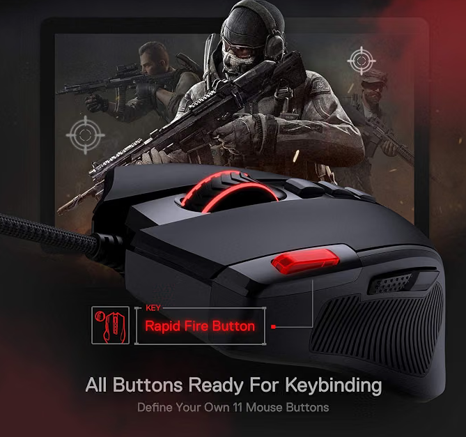 Redragon M612 programmable controls and rapid-fire button