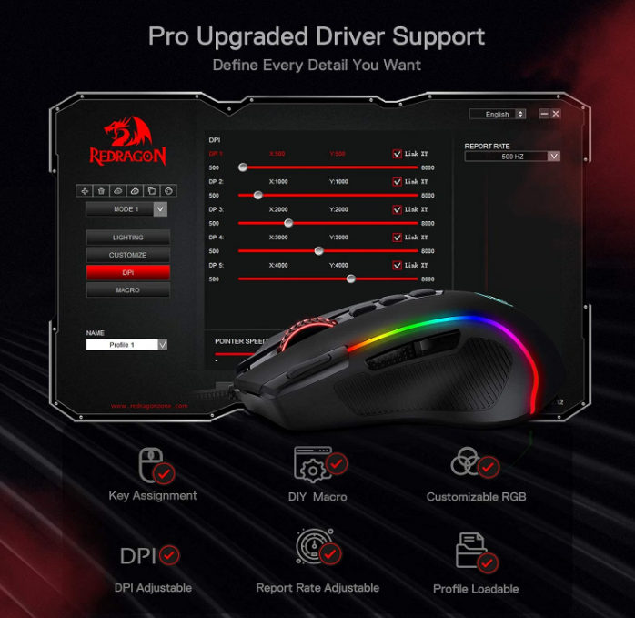 Redragon M612 software for DPI macros key assignment and RGB
