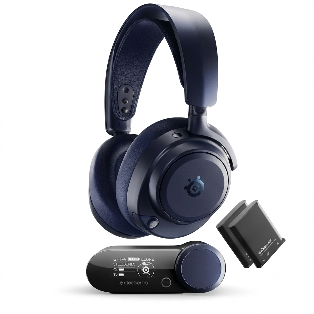 SteelSeries Arctis Nova Pro Omni Wireless headset with transmitter and battery